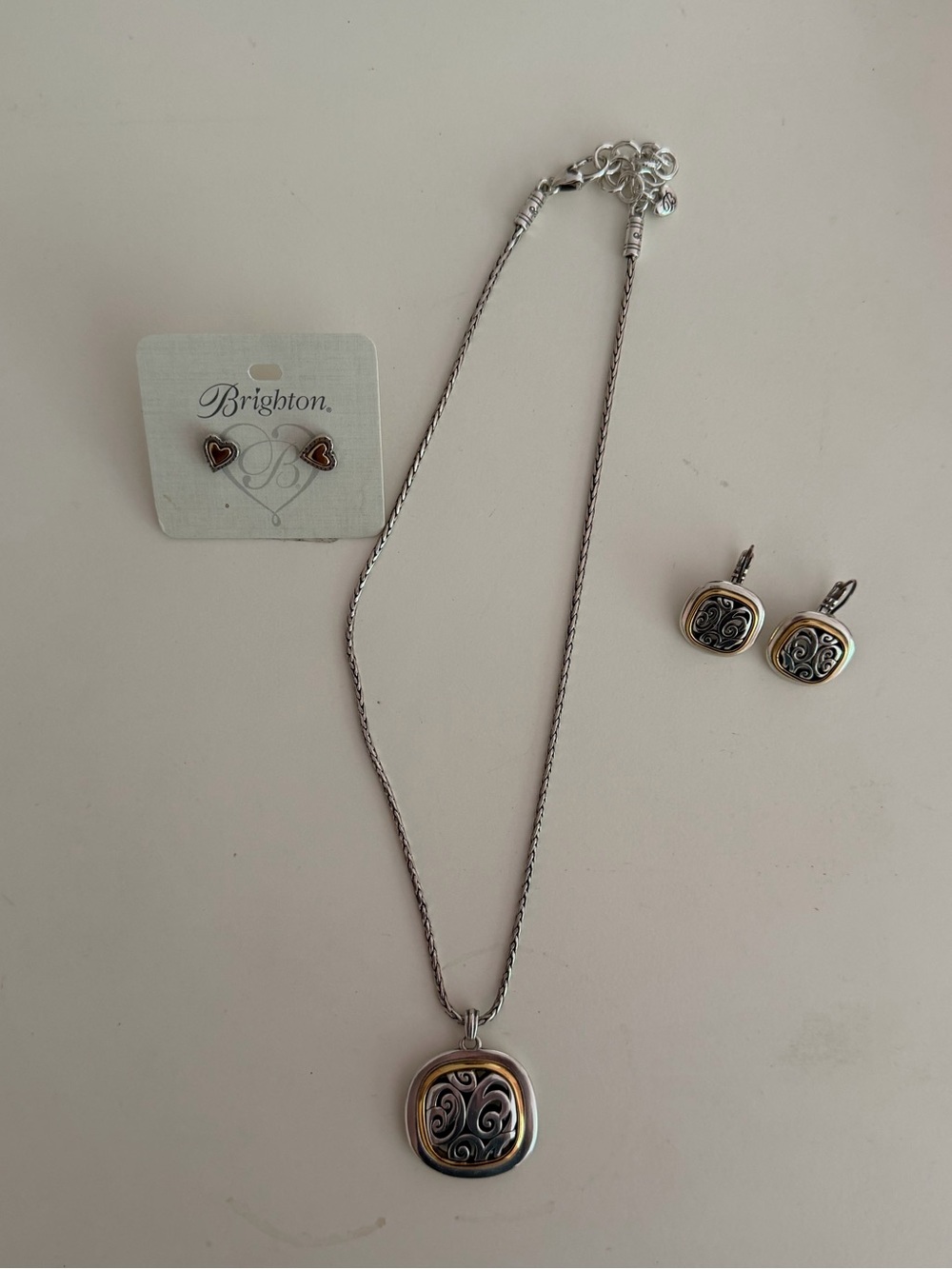 Brighton Two-Tone Silver and Gold Scroll Pendant Necklace with Matching Earrings